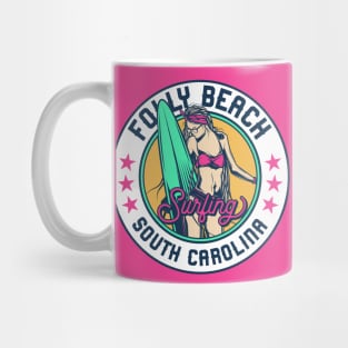 Retro Surfer Babe Badge Folly Beach South Carolina Mug